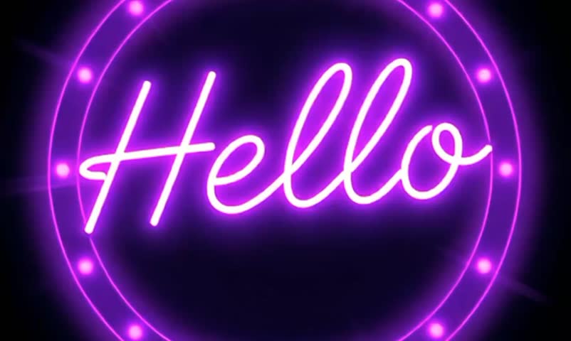 Neon pink "Hello" sign, glowing text, dark background, purple hues, starry effect, retro aesthetic, vibrant colors, nightclub atmosphere, electric luminescence, 80s style typography, sci-fi mood, cybe