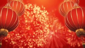 Chinese New Year illuminating 3D Lantern  and Fireworks explosion Background with copy space for text. Lunar new year backdrop. - Powered by Shutterstock - Get 15% off with code: PIKWIZARD15