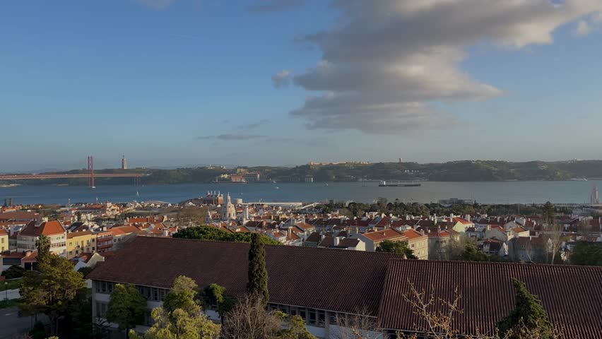 Timelapse of Lisbon featuring the 25 de Abril Bridge and the Tagus River under a glowing sky. A perfect representation of Portugal’s scenic urban beauty and natural harmony.