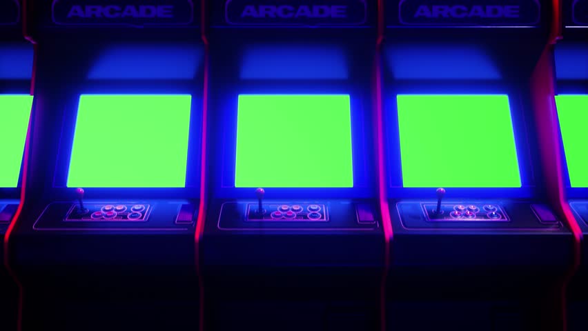 Vibrant Arcade Gaming Experience Bright Green and Blue Screens Illuminate Retro Technology for Ultimate Entertainment and Nostalgia