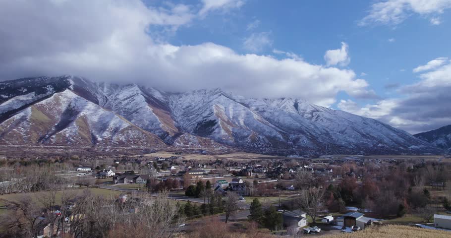 Snowy Wasatch Mountains in Mapleton, Utah County, Aerial Drone View