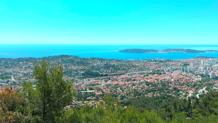 Panoramic View Of Downtown Toulon And Mediterranean Sea From Mount Faron In France. - pan shot