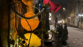 Alchemist's shop and restaurant entrance, flasks with magic potion and drink. City street in winter, it's snowing. - Powered by Shutterstock - Get 15% off with code: PIKWIZARD15