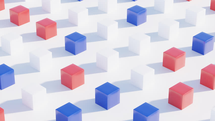 Dynamic 3D Abstract Animation of Blue, Red, and White Cubes on a Minimalist White Background, Seamless Loop Ideal for Advertising, Social Media, and News Broadcasts