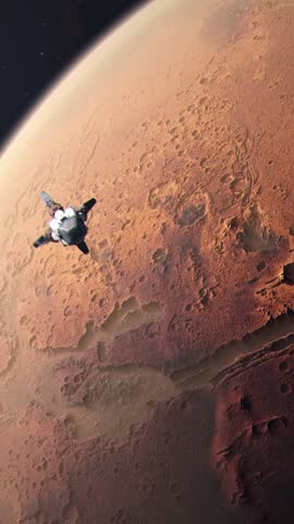 Vertical Shot of a Futuristic Space Rocket Approaching and Flying Past Mars the Red Planet