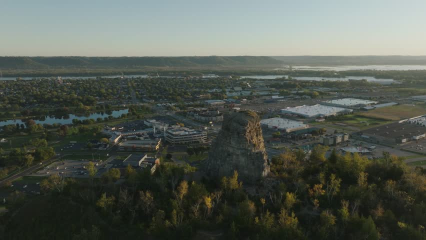 Stunning aerial view of Sugar Loaf Bluff, a natural landmark in Winona, Minnesota, captured from a drone.