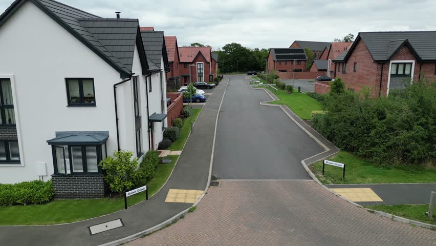 Residential neighborhood - Aerial, drone footage - dolly in over the street