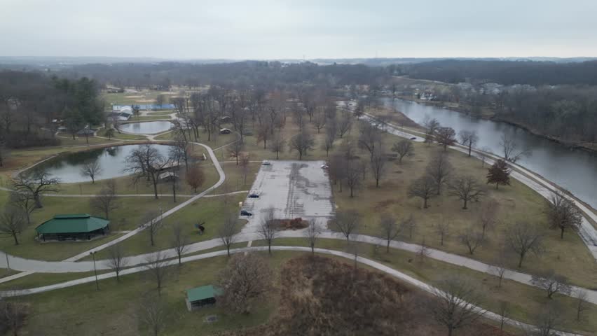 Aerial view of City Park in Iowa City, Iowa during the winter months with out snow on the ground. 