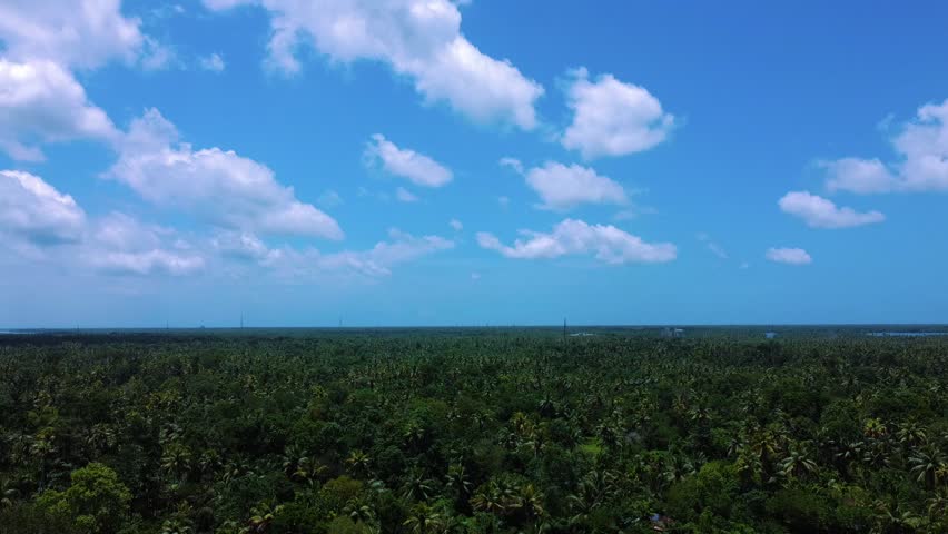 Aerial view of an island ecosystem with beautiful blue skies and lush greenery. A deep blue sky, white, silvery clouds, a green expanse of hope against the sky, and a house in the middle of it.