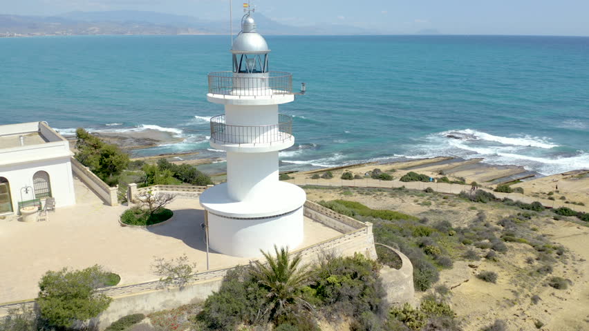 Aerial view of the rocky shore along the lighthouse of Cabo Huertas, Alicante, in the Mediterranean sea, Spain.