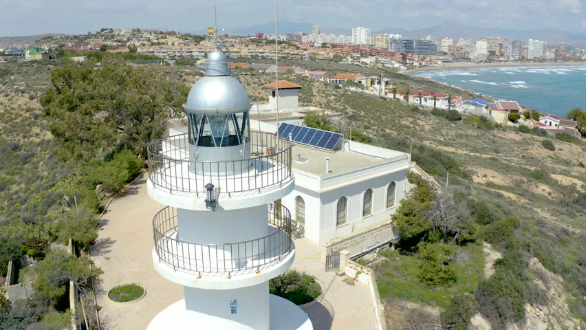 Aerial view of the rocky shore along the lighthouse of Cabo Huertas, Alicante, in the Mediterranean sea, Spain.