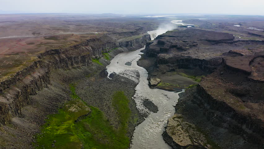 Aerial view of Jokulsargljufur Canyon, stream of the river Jokulsa, fliying direction to Dettifoss waterfall.