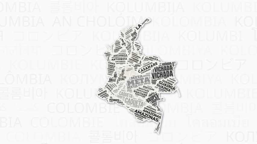 Colombia intro animation. Country with regions illustration video. Background with country names in various languages. Regions of Colombia animation. Elegant video.