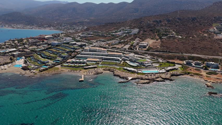 Aerial view of Crete coast with luxury hotels in Chersonissos, Greece
