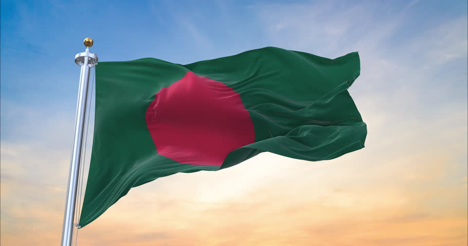 Flag of Bangladesh realistic waving in the wind with sundown background (Perfect Loop)