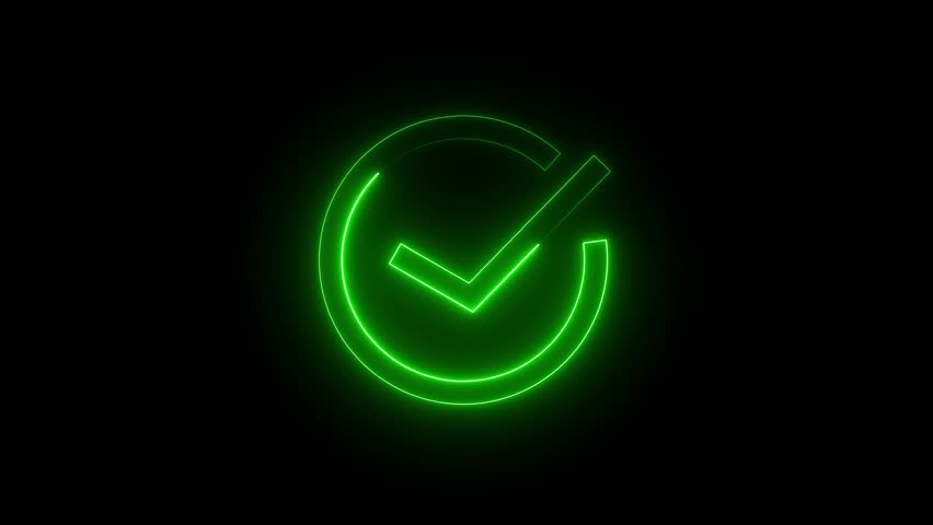 check mark icon neon bright royal blue color sign animation. Glowing neon tick mark in neon rectangle. animation on black background.