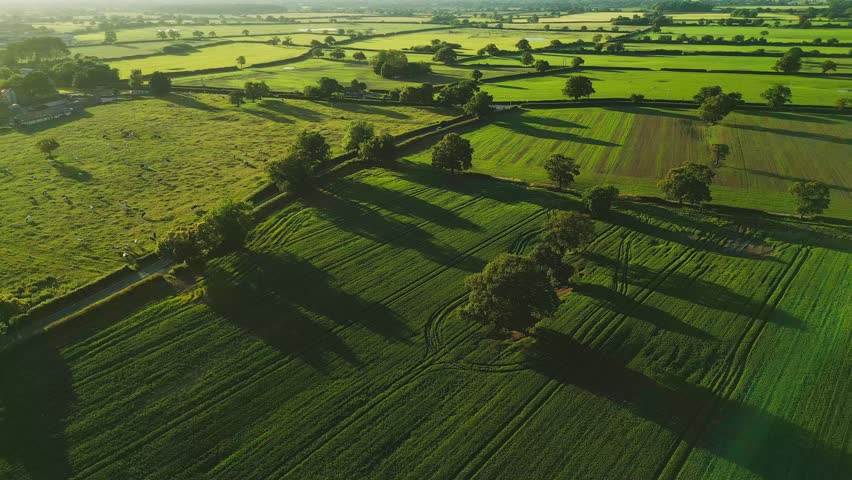 An Aerial view of sunset over the Cheshire rural landscape with green fields