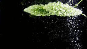Bitter gourd falling into water with bubbles against black background. - Powered by Shutterstock - Get 15% off with code: PIKWIZARD15
