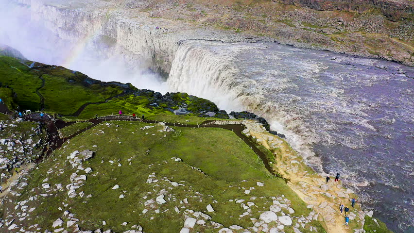 Aerial view of the impressive Dettifoss  waterfall, located along the river Jokulsa, falls from a height of 44 metres over a width of 100 metres.