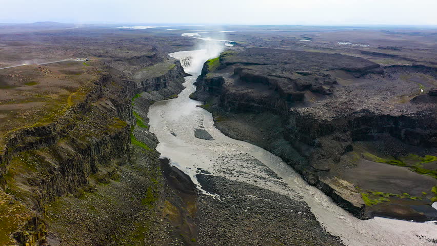 Aerial view of Jokulsargljufur Canyon, stream of the river Jokulsa, fliying direction to Dettifoss waterfall.