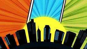 Comic Style High Speed Anime Line With Building Animation And Sun Rising Motion. Comic Retro Animation Background. City Building Comic Book Animation. - Powered by Shutterstock - Get 15% off with code: PIKWIZARD15