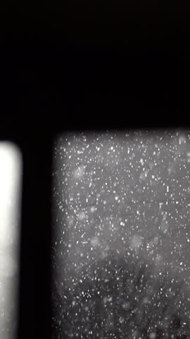 Snow falling in slow motion, framed by a bus stop window.