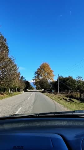Pov of a person driving a car in a village to mountain range at the background filmed in vertical orientation. Scene of moving automobile on countryside way at autumn day. Have a trip on weekend