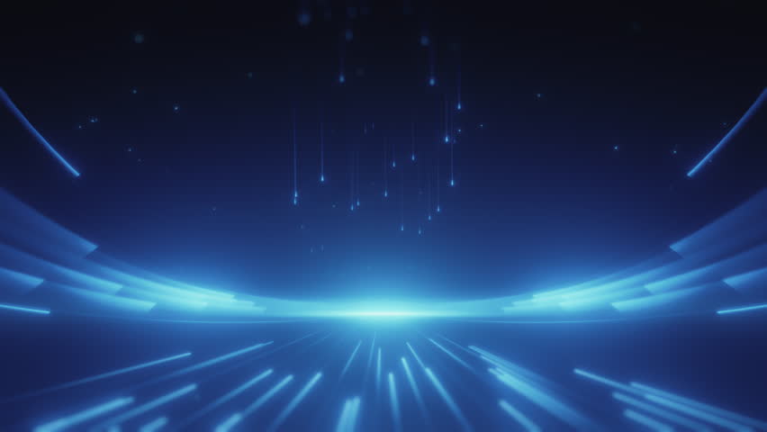 Futuristic abstract blue background featuring glowing light streaks and falling particles, symbolizing innovation, speed, and digital technology.