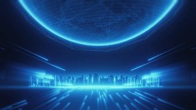 A glowing futuristic cityscape beneath a digital globe with light streaks and grid patterns, symbolizing global technology and connectivity. - Powered by Shutterstock - Get 15% off with code: PIKWIZARD15