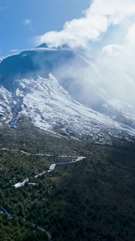 Osorno Volcano At Puerto Varas Los Lagos Chile. Snow-Capped Volcano Releasing Plumes Of Smoke Into Blue Sky. Outdoor Travel Patagonia Glacier. Snow Covered High Angle View. Puerto Varas Los Lagos.
