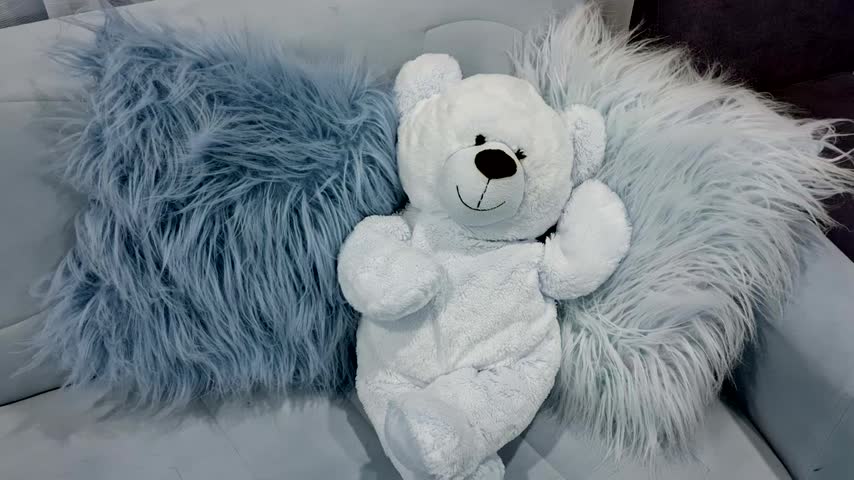 White teddy bear with sofa cushions behind him