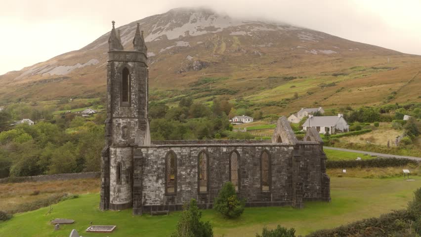 Dunlewey abandoned Church at Glenveigh National Park Donegal Ireland - Historic ruins beautifully set against a stunning backdrop of lush verdant hills and serene tranquil scenery