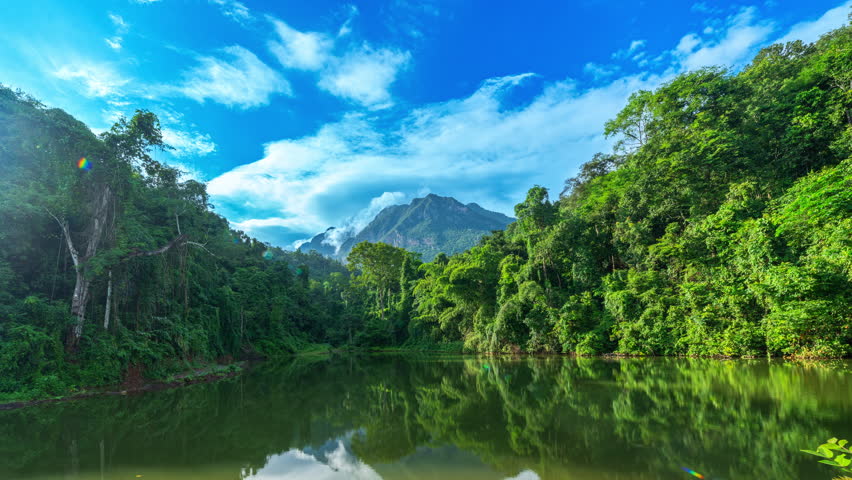 Time lapse A serene jungle scene featuring a still lake reflecting lush green trees and a distant mountain under a vibrant blue sky with scattered clouds.Reflection of Doi Luang Chiang Dao Chiang Mai