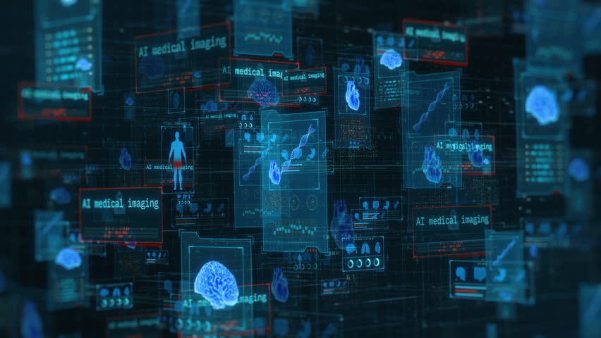 Futuristic fictional interface for ai driven healthcare, remote patient monitoring, online medical consultation and diagnosis, artificial intelligence medical imaging (3d render)