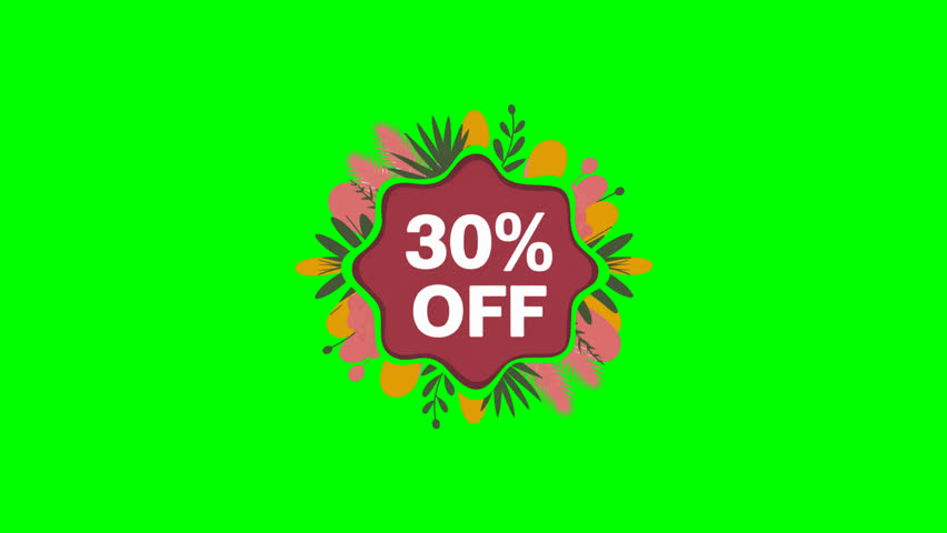 "30% Off" text with a floral design animation loop video on a green screen background for sales, promotions and special offers