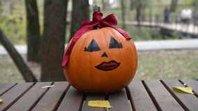 Close-up view of woman in brown jacket taking off female Halloween pumpkin with drawing face, eyelashes, lips and red ribbon bow on top from wooden table in autumn park. Handheld video. Holiday ideas. - Powered by Shutterstock - Get 15% off with code: PIKWIZARD15