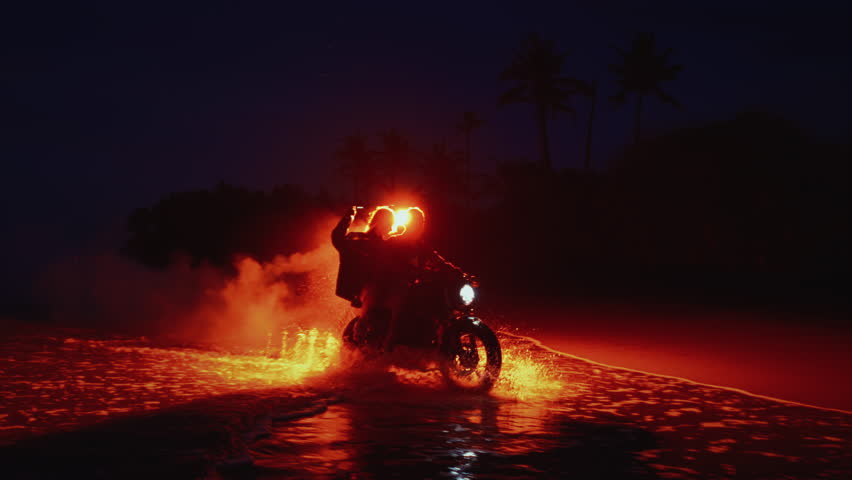 Man and woman ride motorcycle along the ocean in Bali with red signal fire or a rocket. Couple sitting or riding on a scooter on beach, sunset. Concept of friendship, love. Adventures on road trip