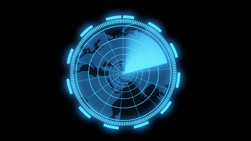 Futuristic Radar Screen Display with map Animation On Black Background, Blue light Radar Screen HUD Display With Map, Location, Air Plane Enemy Attack Radar Search System. Radar Scanning Indicator