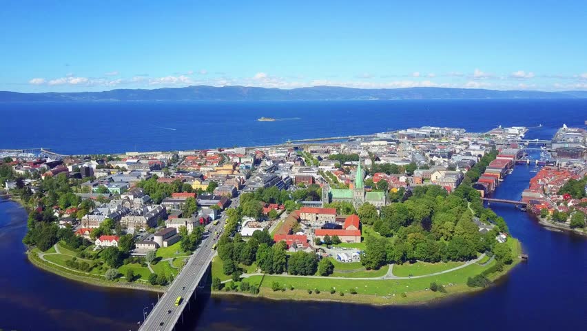 Nidelva river and Trondheim city aerial panoramic view. Trondheim is the third most populous municipality in Norway.