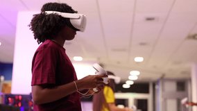 Two gamers wearing virtual reality headsets immerse themselves in an exhilarating gaming experience within a modern gaming room, simulating shooting movements with their hands - Powered by Shutterstock - Get 15% off with code: PIKWIZARD15