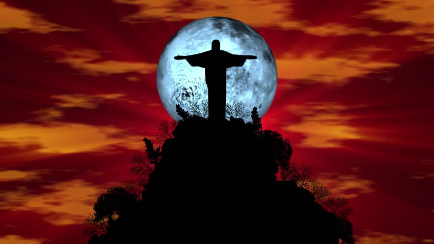 Jesus Christ On The Cross With Bright Shine Effects Red Sky and cloude are moving.Animation Background With Bright Light Shine Effect, Jesus Crucified On The Top Of The Hill behind moon Rotating