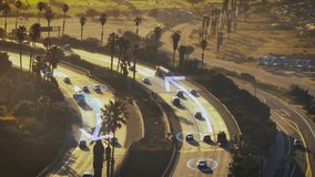 Cars drive along a California highway at sunset, digital overlay displays augmented reality data illustrating traffic flow and enhancing transportation insights - Powered by Shutterstock - Get 15% off with code: PIKWIZARD15