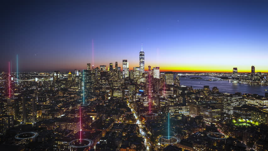 Augmented reality enhances New York City skyline at sunset, illuminating colorful lights and data overlays over modern architecture and dynamic urban life in Manhattan