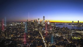 Augmented reality enhances New York City skyline at sunset, illuminating colorful lights and data overlays over modern architecture and dynamic urban life in Manhattan - Powered by Shutterstock - Get 15% off with code: PIKWIZARD15