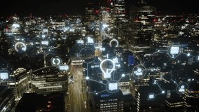 London's urban landscape is glowing with the pulse of digital life. Futuristic icons and data visualizations form an augmented reality layer over the cityscape - Powered by Shutterstock - Get 15% off with code: PIKWIZARD15