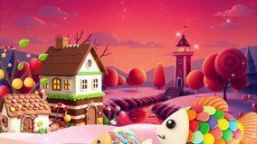 Evening candy land with houses, trees, candy fish and river - Powered by Shutterstock - Get 15% off with code: PIKWIZARD15