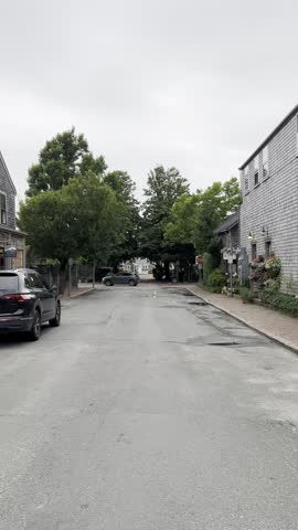 A tree-lined street with a quaint path leading to a charming home, showcasing classic Nantucket architecture and peaceful surroundings.