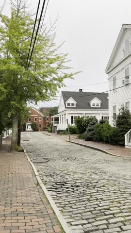 The photo shows a picturesque cobblestone street lined with trees and charming homes, capturing the classic New England vibe of Nantucket with its peaceful atmosphere and scenic surroundings.