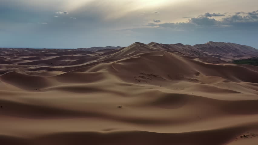 Aerial view of the sand dunes Hongoryn Els in Gobi Desert, Mongolia, 4k