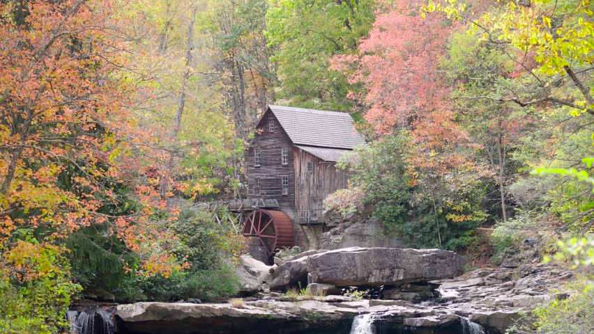 Glade Creek Grist Mill, Babcock State Park, West Virginia during autumn. 4k Video.